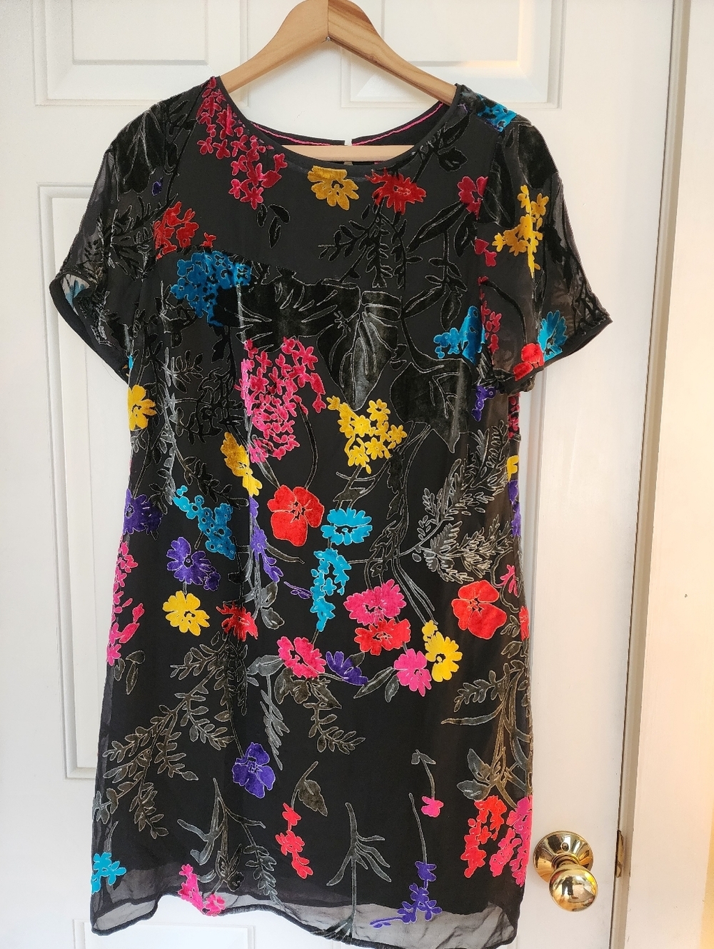 Maeve Anthropologie Alisa Burnout Velvet Mini T Dress Floral Black Size 6 Silk